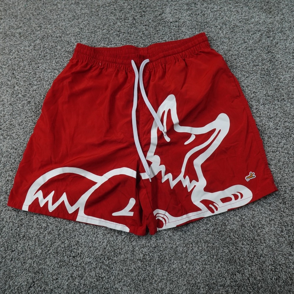 Akoo Shorts Mens L Red White Snobby Fox Graphic Print Drawstring Elastic Waist